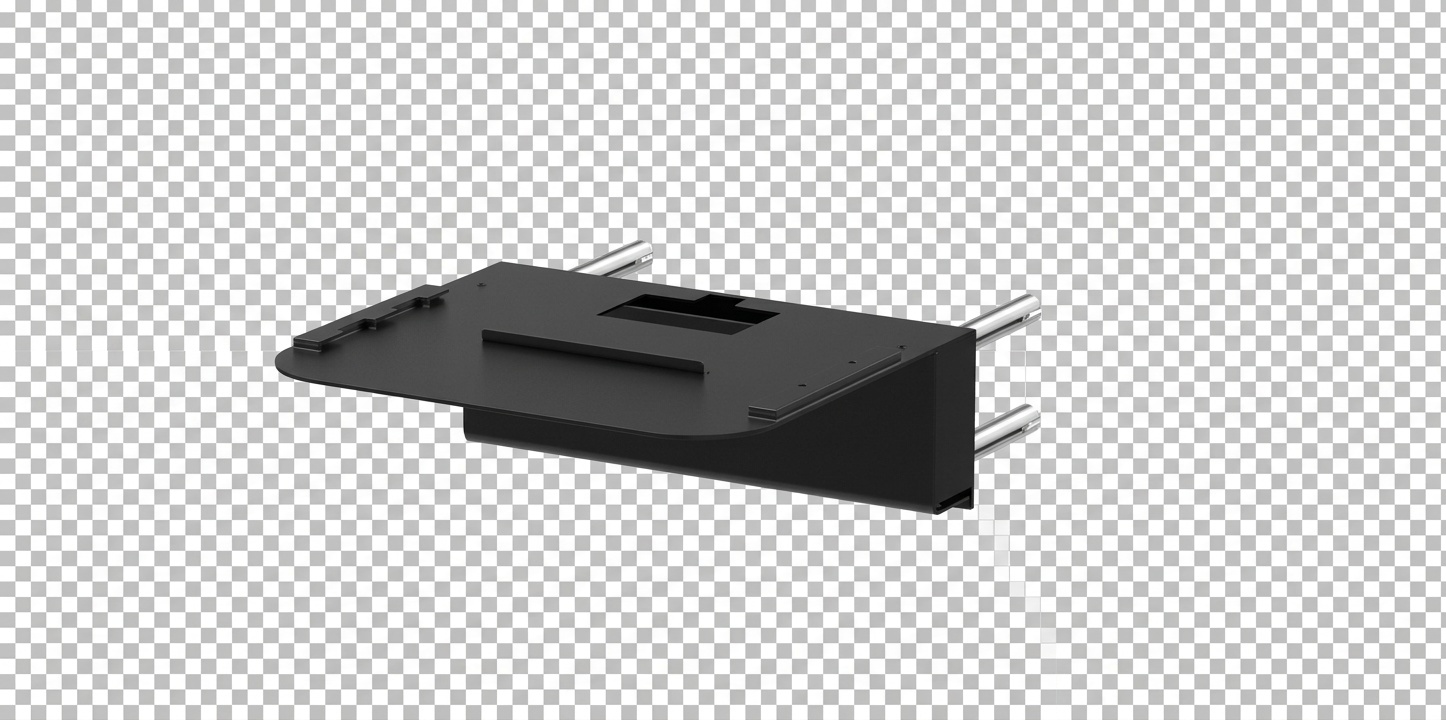 The Juice Box wall-mounted shelf bracket: a black metal bracket with two chrome mounting rails, shown without a station fitted