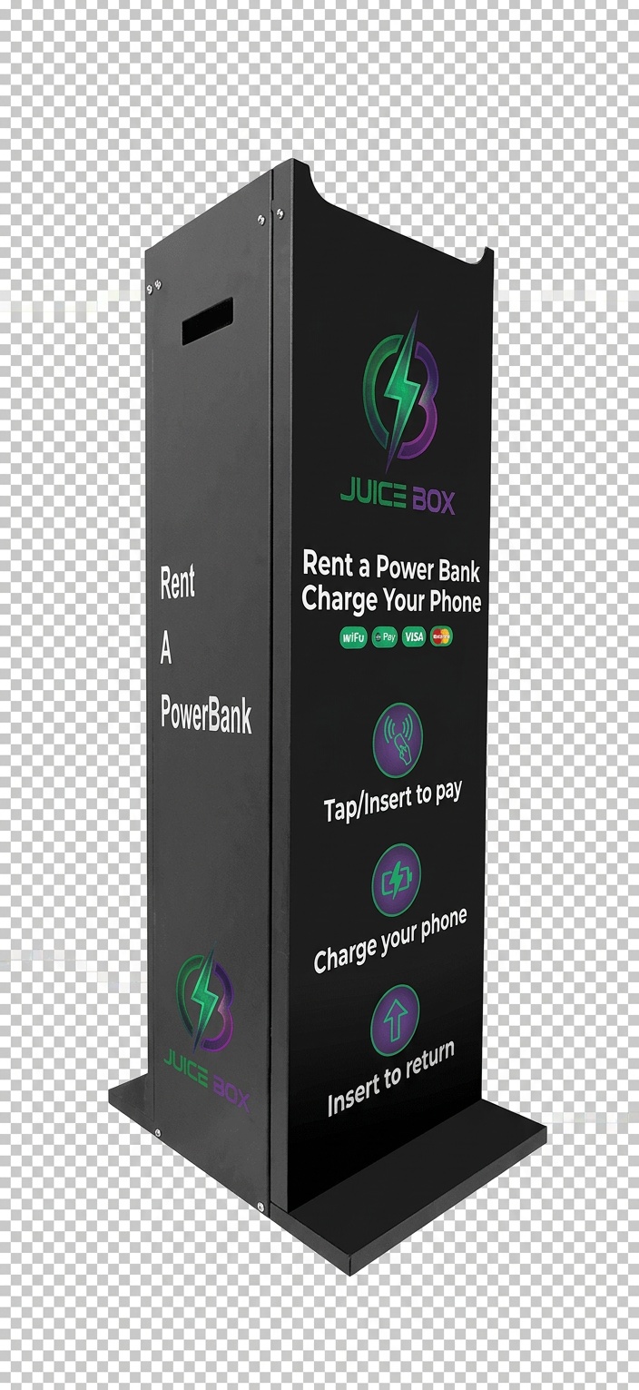 The Juice Box customized freestanding stand: a black branded column with a base plate, shown without a station fitted