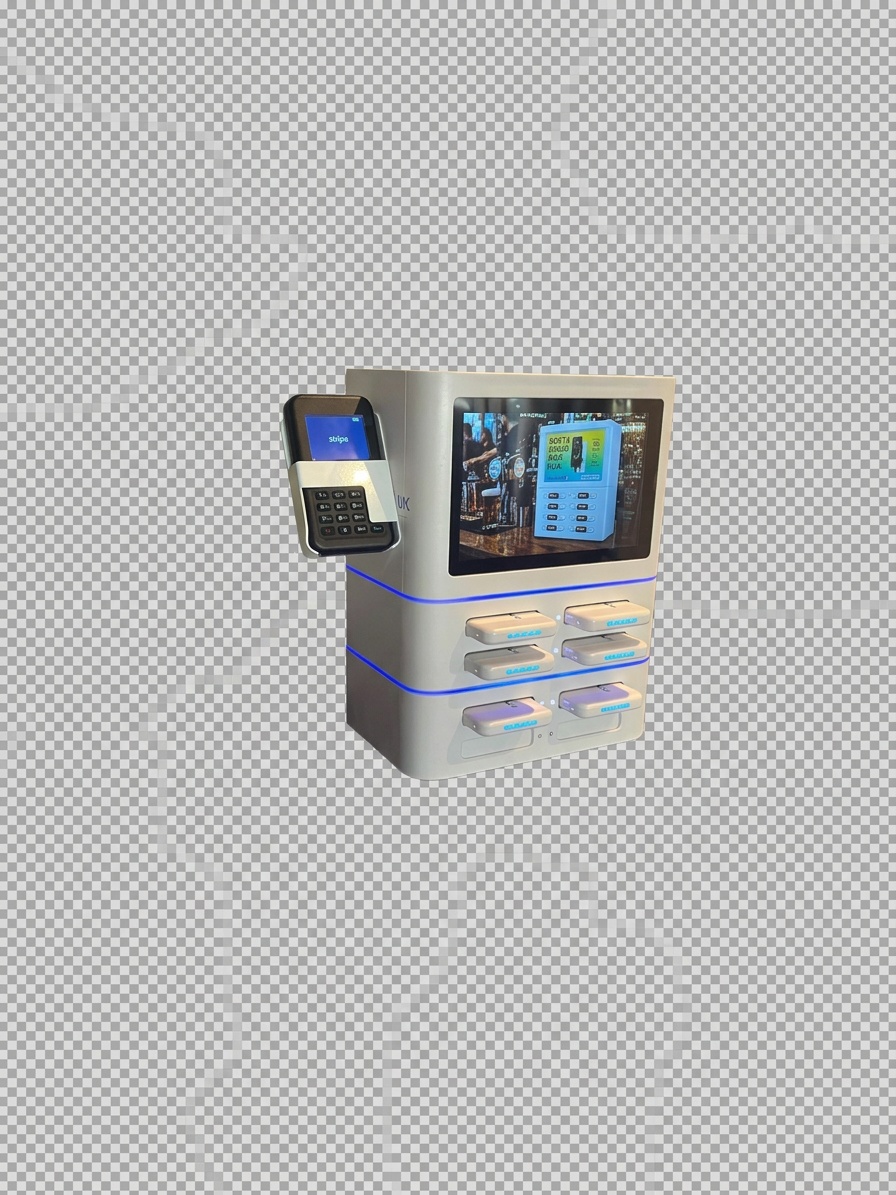 A Juice Box self-serve power bank rental station: a white unit with a screen, a card terminal on the side, and six power bank slots